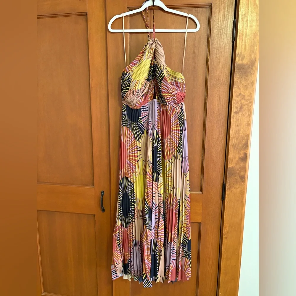 HOUSE OF HARLOW PLEATED TIE-NECK CUT-OUT-BODICE BACKLESS HALTER MAXI DRESS sz L - Picture 3 of 9